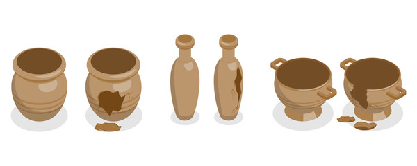 3D Isometric Flat  Set of Antique Pottery, Museum Ceramic
