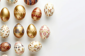 Decorative Easter eggs on white background, space for text. Top view