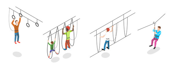 3D Isometric Flat  Conceptual Illustration of Rope Park, Recreational Activities for Adults and Children