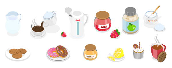 3D Isometric Flat  Set of Tea Party Accessories, Cookies and Desserts