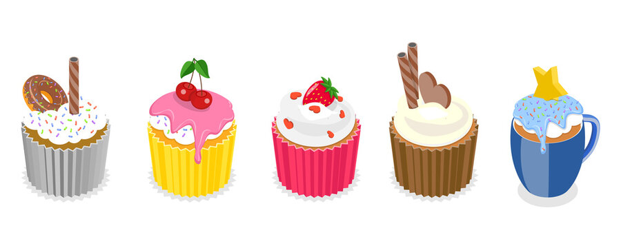 3D Isometric Flat  Set of Sweet Cupcakes, Desserts for Pastry