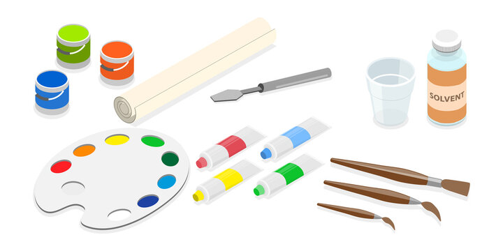 3D Isometric Flat  Set of Painter Tools, Equipment for Craft and Drawing