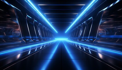 Sci Fi Modern Dark Led Tubes Neon Glowing Blue Tunnel Corridor Illustration