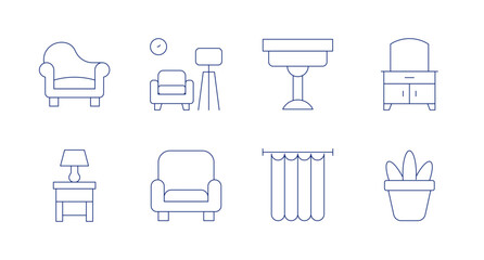 Home furniture icons. editable stroke. Containing armchair, bedside table, sofa, coffee table, curtain, dressing table, house plants.
