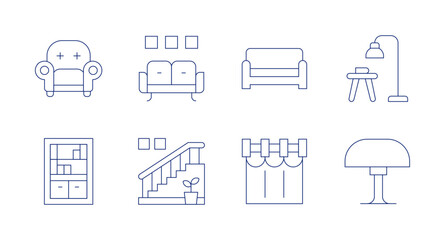 Home furniture icons. editable stroke. Containing armchair, bookcase, sofa, stairs, couch, curtains, floor lamp, lamp.