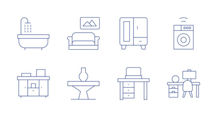 Home furniture icons. editable stroke. Containing bathtub, cabinet, sofa, table, cupboard, desk, washing machine, workspace.