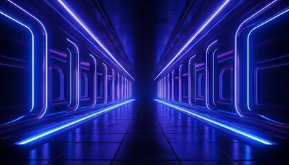 Sci Fi Modern Dark Led Tubes Neon Glowing Blue Tunnel Corridor Illustration