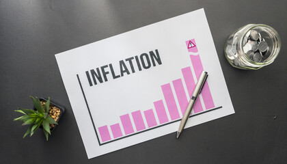 A printout of the inflation graph pot with coins on the black table.   Inflation level rising. 