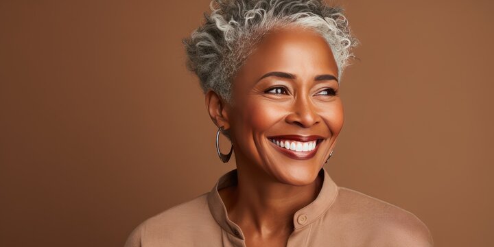 Psychology portrait of a confident beautiful African American woman in her 50s. Middle-aged woman with a short gray hair looking at copy space.