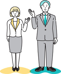 男女のビジネスパーソン　お知らせ・案内ポーズのイラスト素材　全身