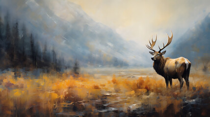Bull Elk in Misty Mountain Landscape - Digital Oil Painting - Generative AI
