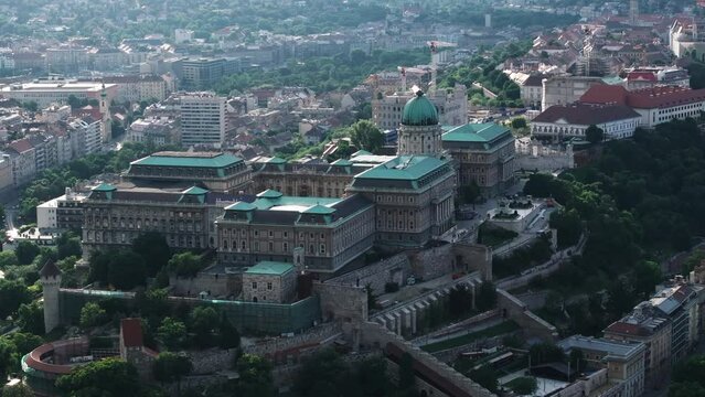 Aerial shot of popular Buda Castle. Historical castle and palace complex on elevation near Danube river. Budapest, Hungary