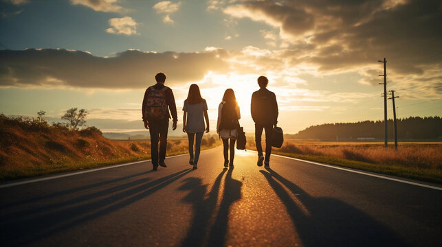 A Row Of Teenagers Walking Down A Rural Road