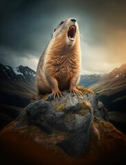 Furious Gopher on Mountain Top Amidst Majestic Landscape