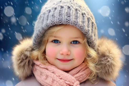 Young girl wearing a gray knit beanie and a pink scarf, snowflakes falling