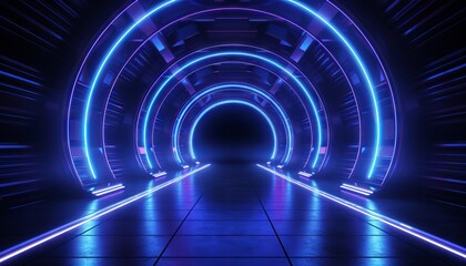 Sci Fi Modern Dark Led Tubes Neon Glowing Blue Tunnel Corridor Illustration