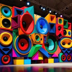 Vibrant Stage with Colorful Speakers and Pop Energy