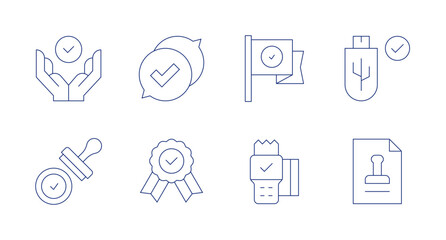 Approval icons. editable stroke. Containing feedback, medal, approved, stamp, usb drive, flag, pos terminal.
