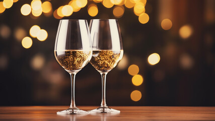 wine glasses on wooden table with blur festive golden bokeh background. special holiday Christmas and new year celebration