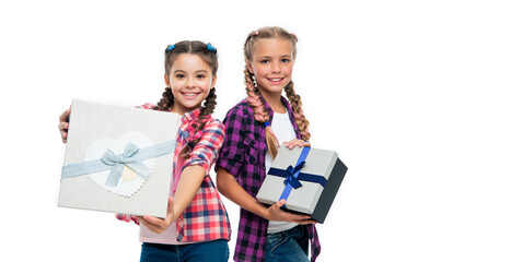 children girls sharing present. present to friend. present box from shopping. children girls with...