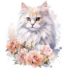 Kitten with pink flowers isolate on white background, watercolor style.