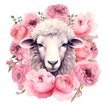 Sheep with pink flower isolate on white background, watercolor style.