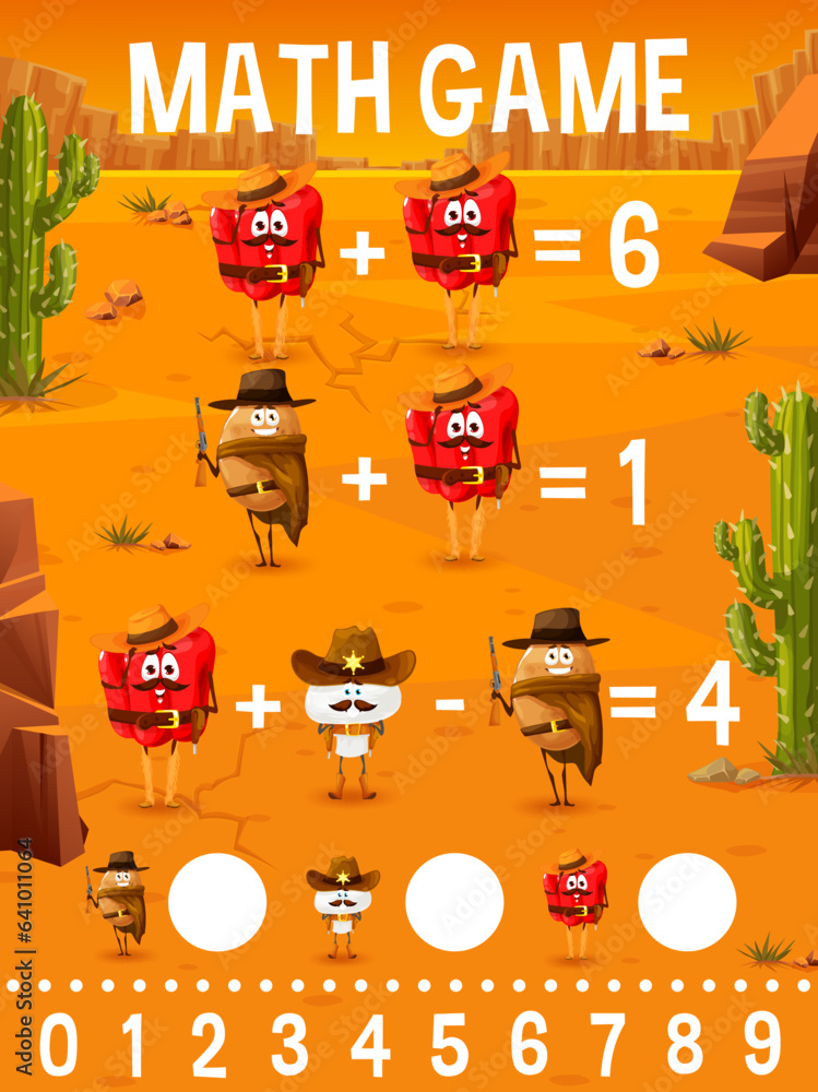 Poster math game worksheet, cartoon mexican vegetable cowboy and bandit characters, vector mathematics quiz