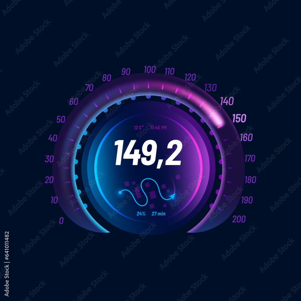 Poster Speedometer neon dial, speed gauge dashboard, futuristic interface. Automobile dashboard indicator, speedometer counter or vehicle engine rev vector meter. Motorbike speed panel with navigation route