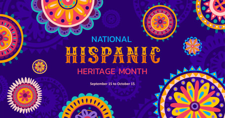 National hispanic heritage month banner with circle patterns. Vector background with bright colored alebrije style floral ornament, showcases rich cultural traditions and Spanish event celebration