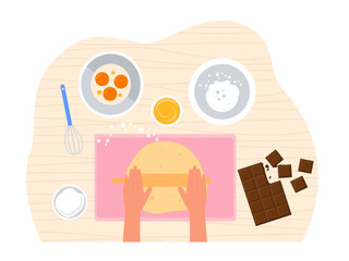 Teenager desktop top view. Flat vector illustration. Top view of wooden table. Kitchen background illustration