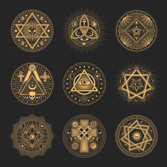 Occult and esoteric pentagram symbols, mason signs, magic tarot. Masonry lodge seals, occult tarot sign or esoteric line vector symbols set with mason compass, pentagram and all seeing eye, cross