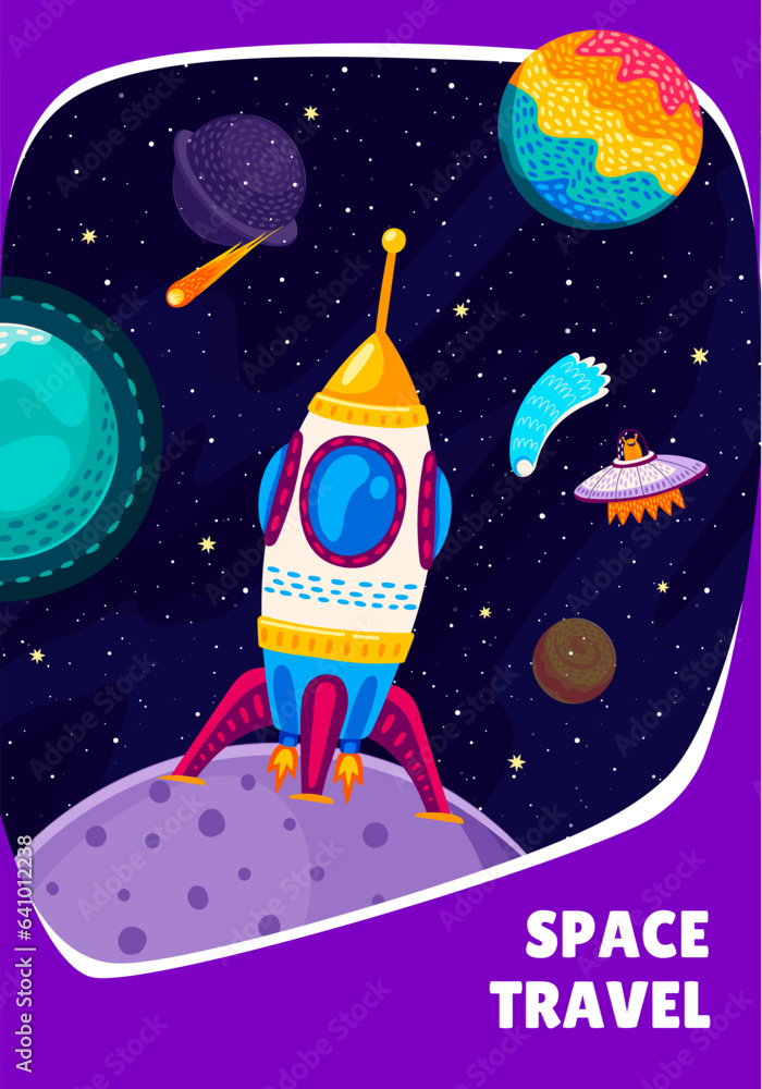 Poster space travel banner with cartoon spaceship stand on planet surface in starry galaxy. vector futurist