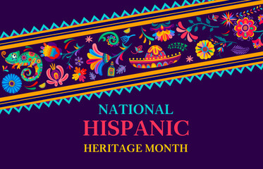 Decorative tropical flowers and plants pattern on national hispanic heritage month banner. Vector background for celebration, symbolizing rich cultural heritage and diversity of hispanic communities