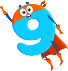 Cartoon math number nine superhero character wear cape and mask. Isolated vector flying educational digit defender school personage with big eyes and smiling mouth, ready to fight with ignorance