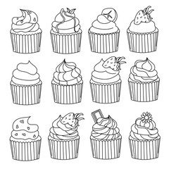 Cupcake line art for kid coloring book, kids education, food clipart, cute cupcake 