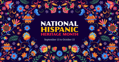National hispanic heritage month flyer, floral pattern. Vector festival banner adorned with a captivating ethnic flowers ornament, showcasing the rich culture and contributions of hispanic communities
