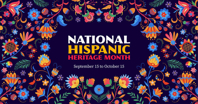 National hispanic heritage month flyer, floral pattern. Vector festival banner adorned with a captivating ethnic flowers ornament, showcasing the rich culture and contributions of hispanic communities