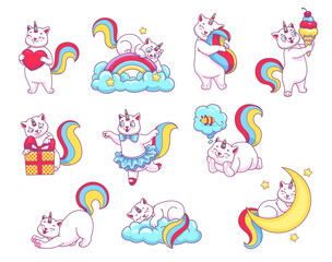 Cute funny cartoon caticorn characters. Magical caticorn, cute fairy kitten or magic unicorn cat cheerful vector personages. Fairytale creature adorable mascot sleeping on cloud, dreaming and dancing