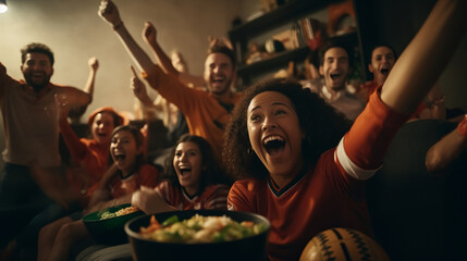 Excited friends watching soccer match by AI generate.