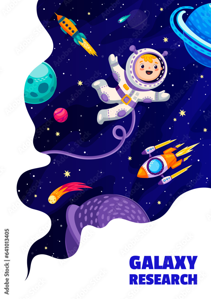 Poster Space landing page. Flying rocket and kid astronaut in outer space with cartoon galaxy planets and stars vector template of website landing page. Astronomy project web banner with funny spaceman