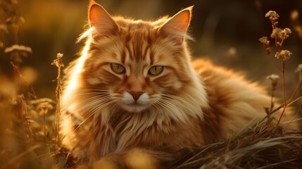 Exotic orange Maine Coon cat breed pet sitting at the grass nature background. Generative AI technology.
