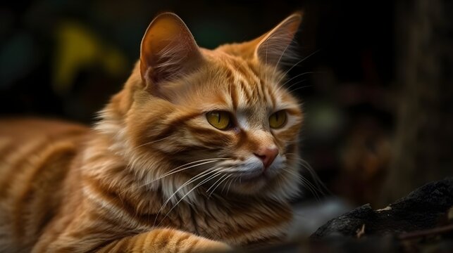 Exotic orange tabby cat breed pet sitting at the nature background. Generative AI technology.