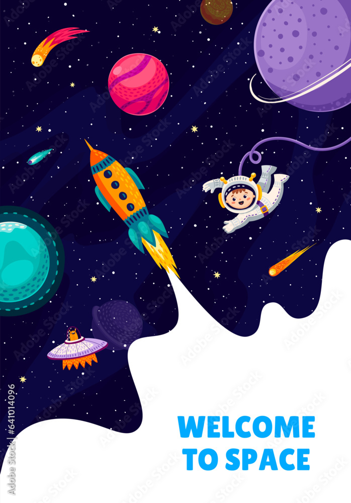 Poster space travel poster. rocket spaceship launch, kid astronaut in outer space, ufo and galaxy planets. 