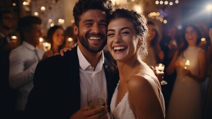 Couple partying in a nightclub and toasting drinks by AI generate.