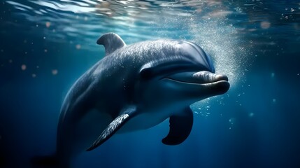 Dolphin fish swimming under the blue water surface. Generative AI technology.