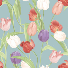 Floral seamless pattern, colorful tulips and leaves on blue - 641014435