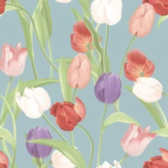 Gordijnen Floral seamless pattern, colorful tulips and leaves on blue © momosama