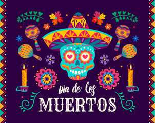 Calavera skull, tropical flowers and maracas on Dia de los Muertos banner. Dia de Los Muertos carnival vector background with musical instrument, ornate sugar skull in sombrero hat, marigold flower