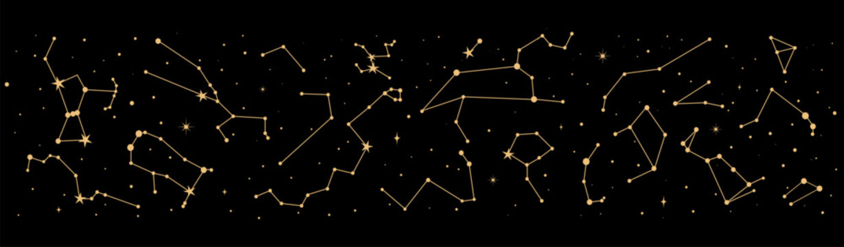 Night sky map, star constellation border. Mystic astrology. Vector detailed chart displaying positions of celestial objects visible in night sky. Pattern for astronomy, esoteric, tarot, and magic