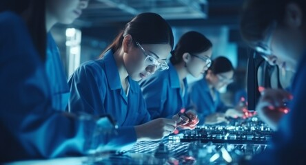 Women working in electronics factory by AI generate.